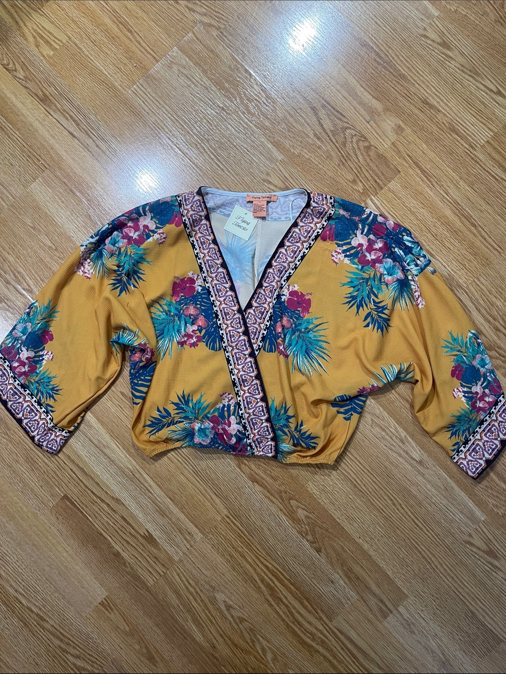 Flying Tomato Mustard Tropical Surplice Crop Top
